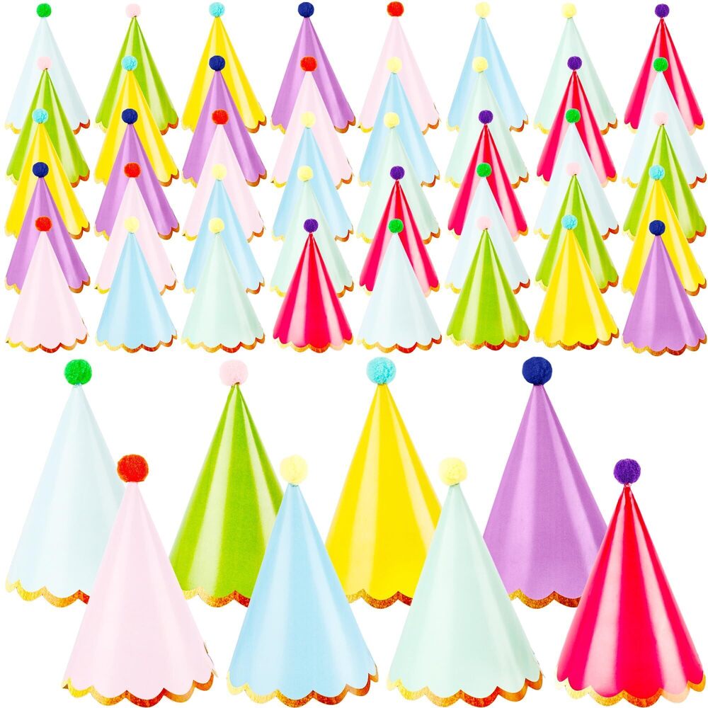 4236 48 Pcs Colorful Birthday Cone Hats with Pom Poms Paper Cone Hats Party